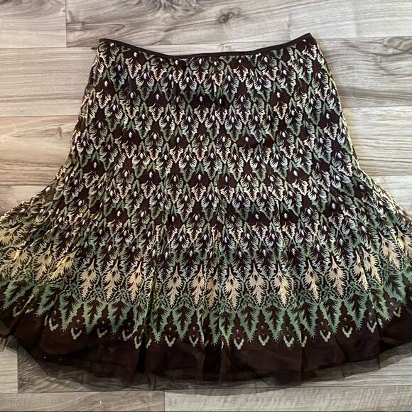 T Tahari 10 Brown, Cream, Green Silk Chiffon Skirt Tulle Edge~Lined - Picture 1 of 10